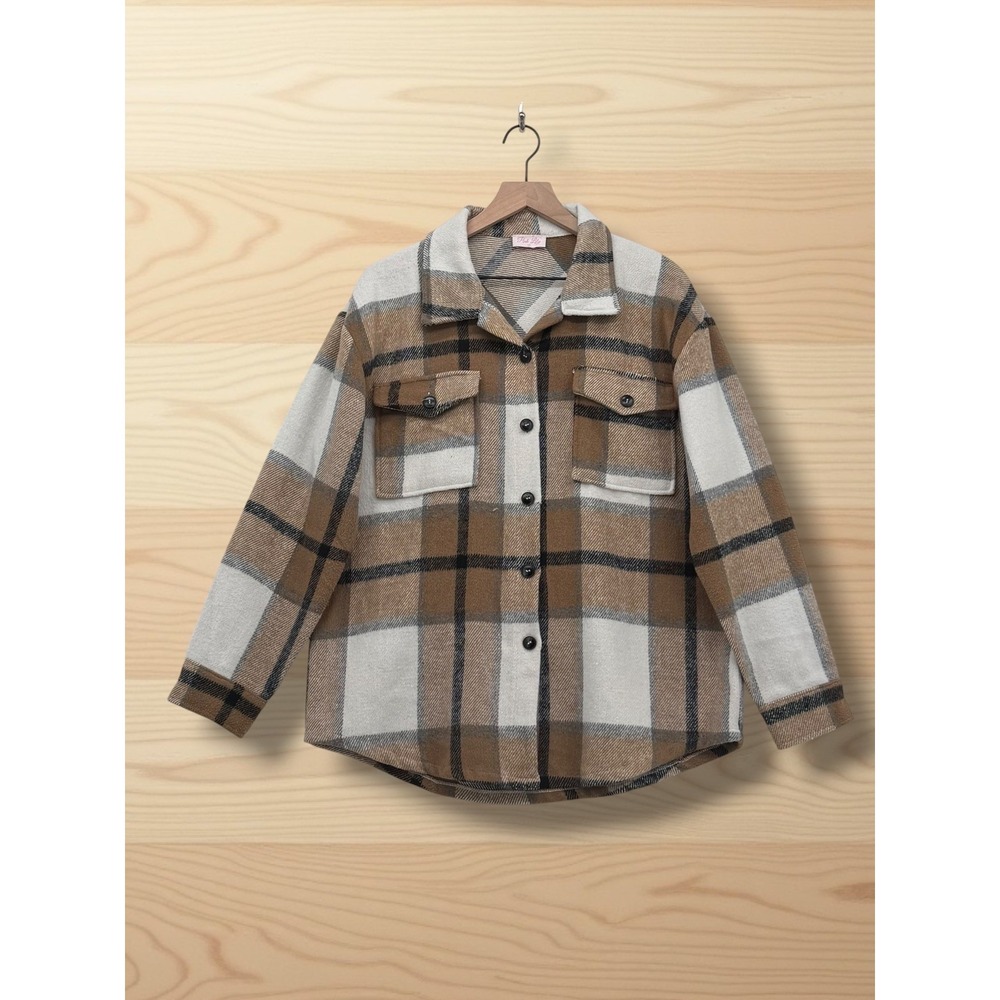 Pink Lily Plaid Oversized Flannel Shacket Jacket Brown White L